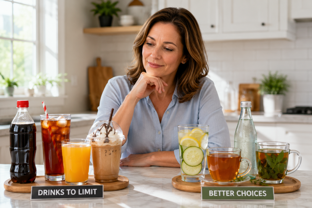 Middle-aged woman comparing sugary drinks with healthier drink choices for blood sugar support after 40